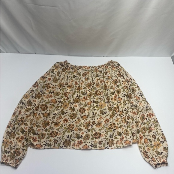 Faherty Floral Blouse in Cream and Brown Women’s LG Tie Neck Elastic at Wrist - Picture 2 of 11
